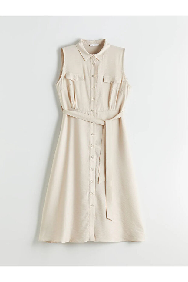 Beige Waist Belted Shirt Dress