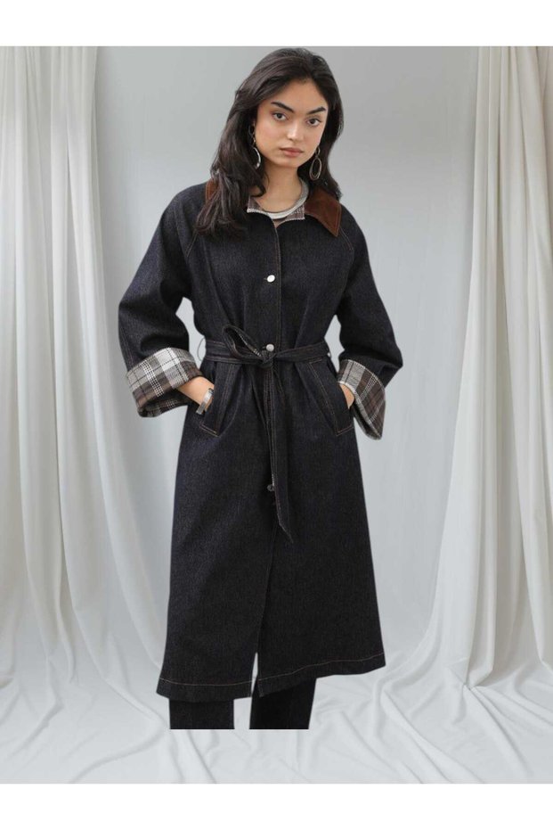 Women's Navy Blue Belted Plaid Detailed Denim Jeans Trench