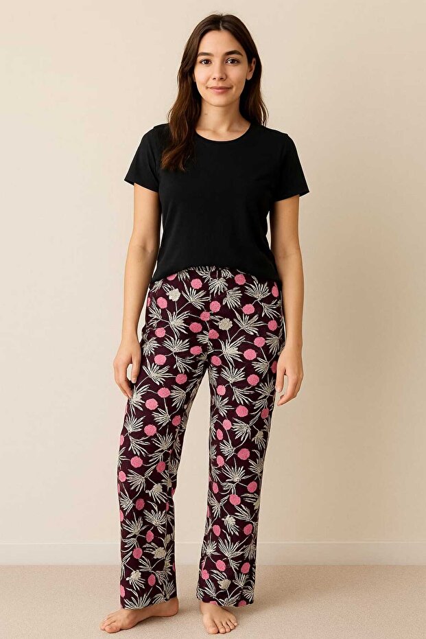 بنطلون منزلي مريح بنقشة أوراق الشجر - 2