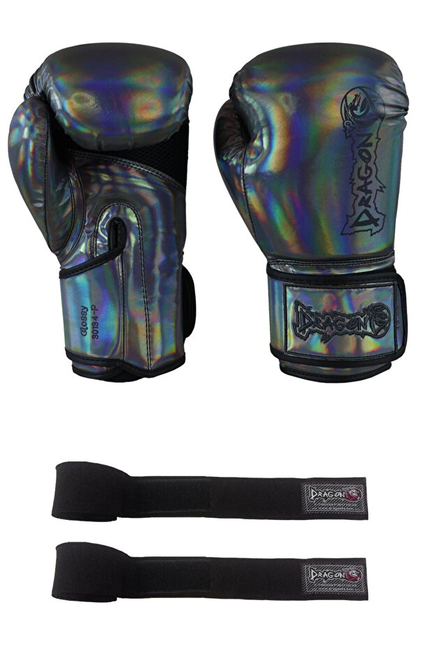 Glossy Kick Boxing Gloves Muay Thai Sparring and Training Gloves Set of 2 with Bandage