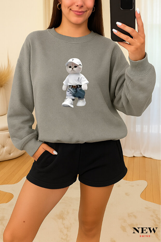 Combination Cat Printed Crew Neck Sweatshirt