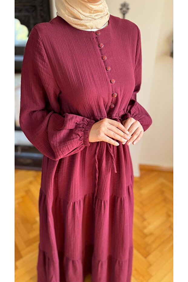 Layered Half-Patch Muslin Dress 5100 Burgundy