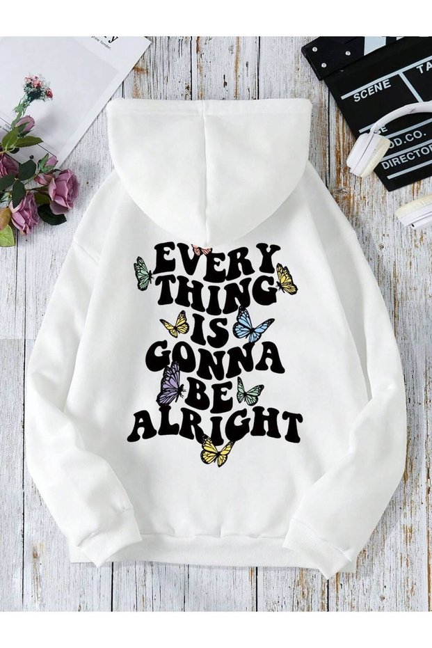 Unisex Hooded Printed Sweatshirt | Butterfly Patterned Text Detail Comfortable Modern Casual Style