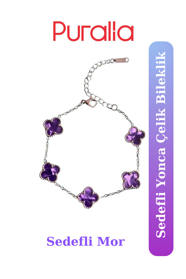 Sedefli Mor Yonca Çelik Bileklik - 2