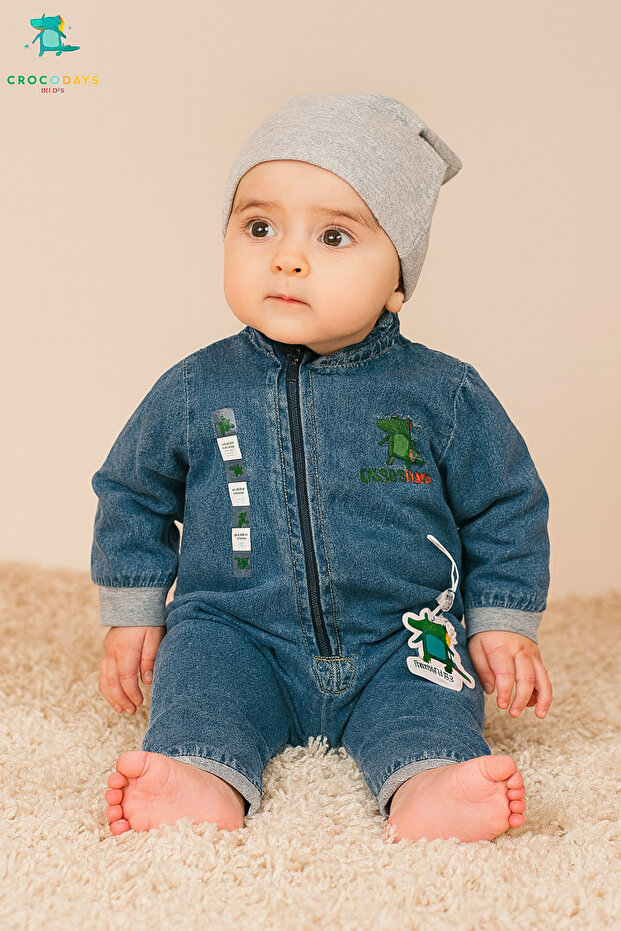 Unisex Kids Baby Jeans (Jeans) Printed Hat Jumpsuit (6/9/12/18) Months