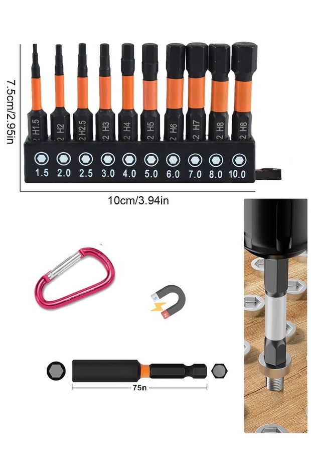 Alyan anahtar Set Hex Bits uç takımı Manyetik uzatma Adaptörlü 12 Parçalı Set - 2