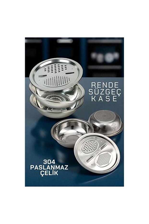 Çelik Rende Kase Süzgeç Seti - MultiFix 3 in 1 Paslanmaz Çelik - 1