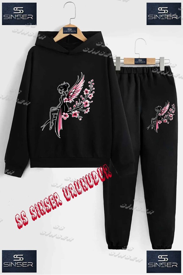 Children's Unisex Printed Hooded Tracksuit Set with the Words "Girl Flower Butterfly"