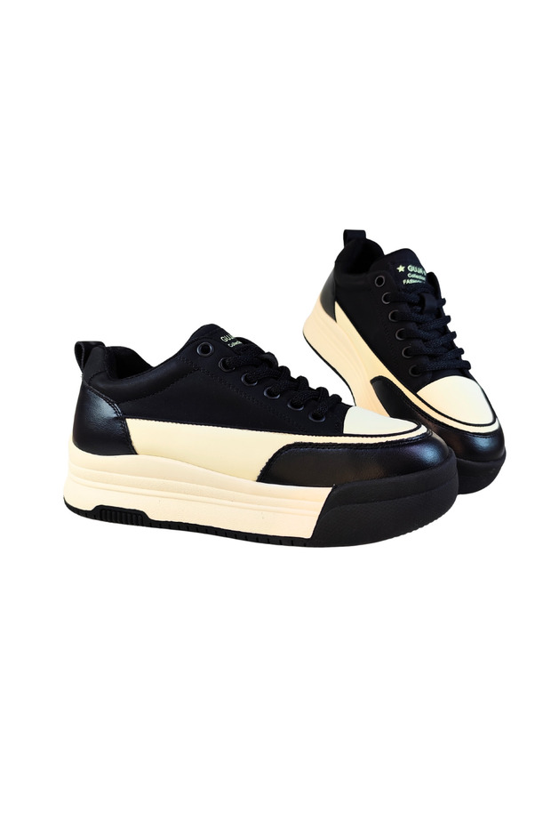 Women's Leather Sneaker Double Color Lace-Up Closure High Sole Casual Shoes