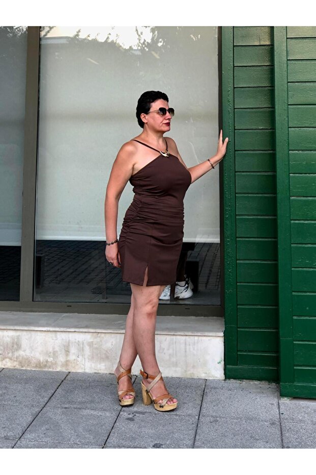 DRAPELİ HALTER MİNİ ELBİSE - 2