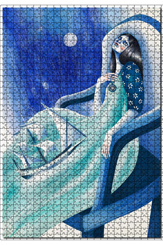 Cakasepetim 1000 Piece Jigsaw Puzzle with Sailboat Illustration Image on a Woman's Apron, Mdf (Wood)