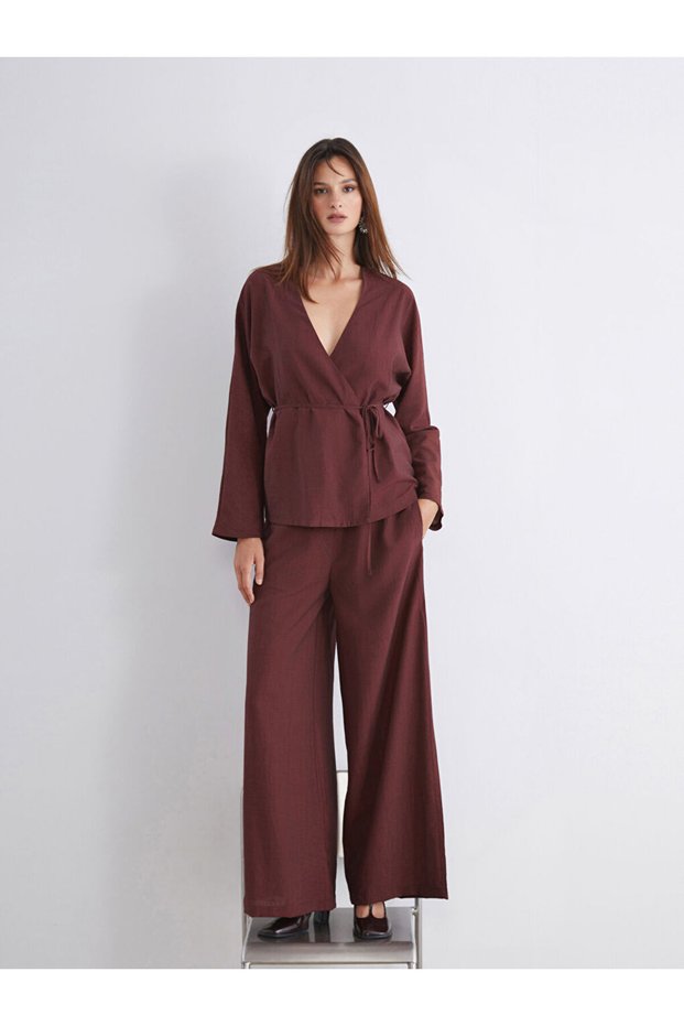 Soulife brown elastic waist wide leg women's pants