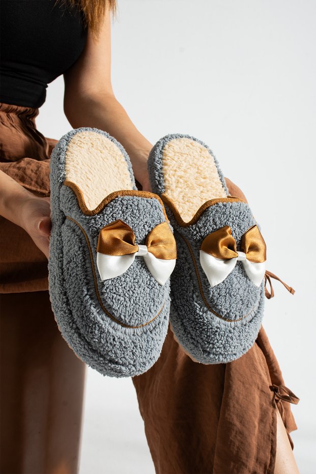 Women's ribboned house slippers noiseless thick sole winter slippers