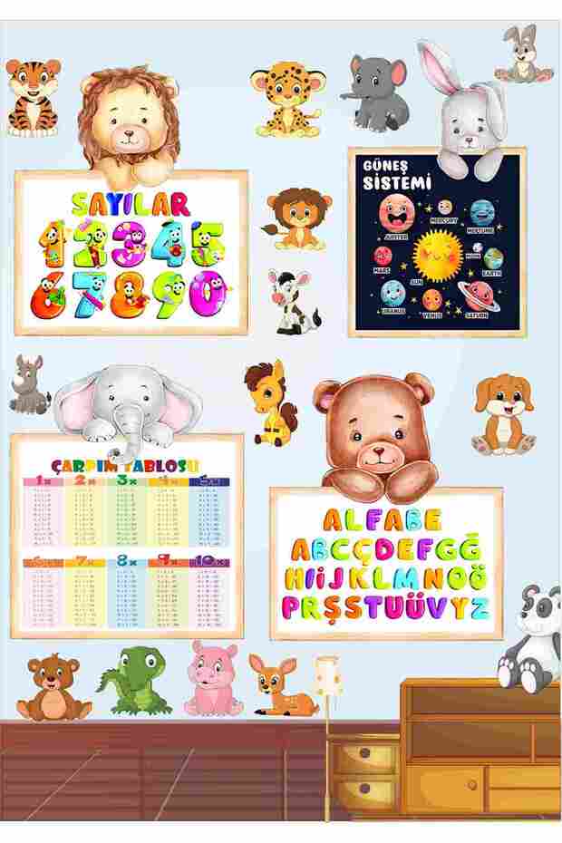 Cute Animals Multiplication Table Alphabet Numbers Solar System Educational Set Children's Room 223X50Cm