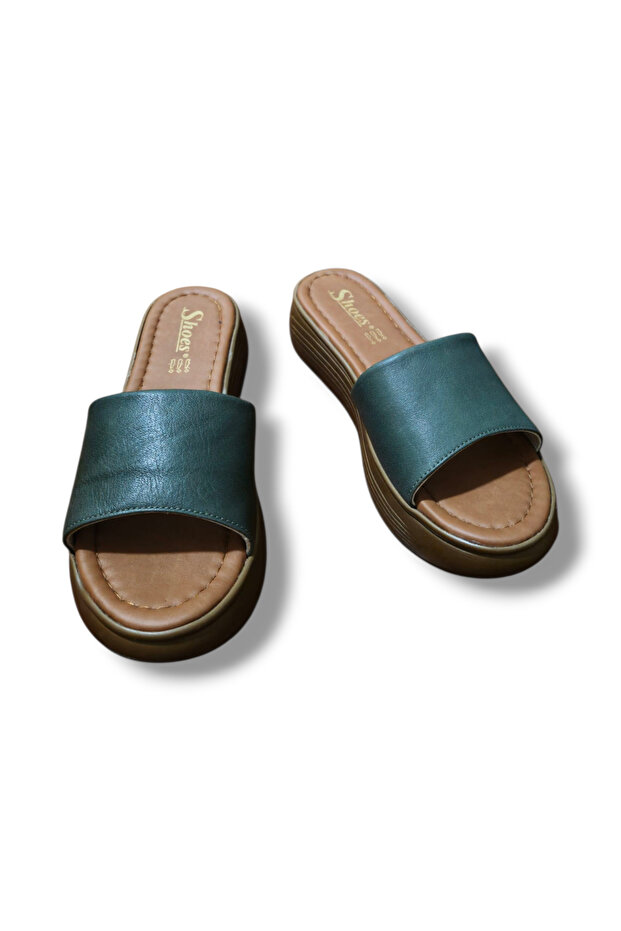 Women's Genuine Leather Single Strap High Sole Slippers