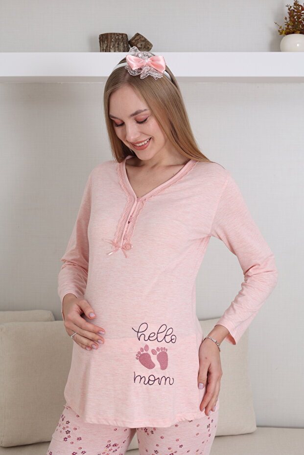 Women's Salmon Special Design Patterned Long Sleeve Cotton Maternity Pajama Set