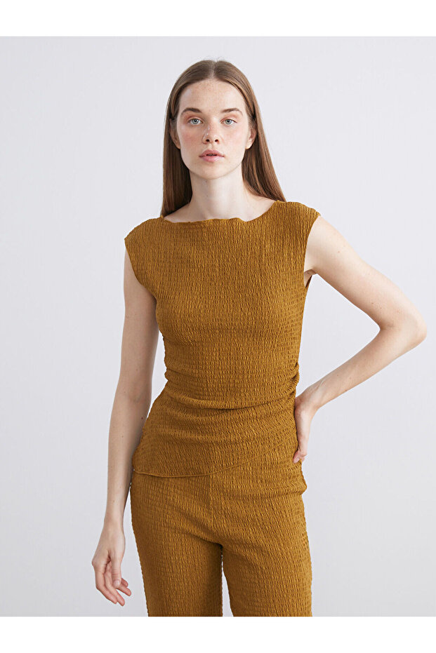 Lcw vision green boat neck textured blouse