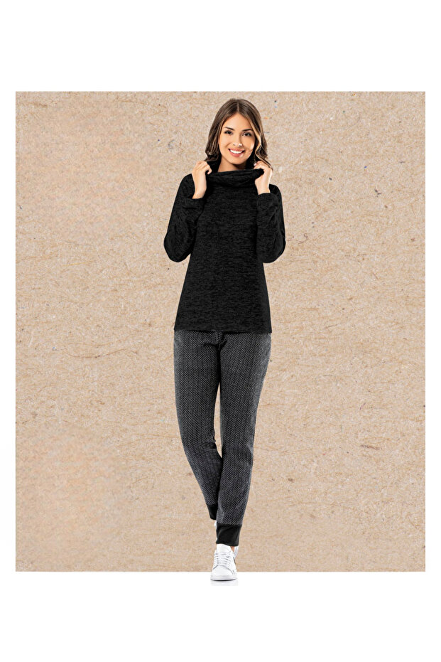 Knitwear Collar Detailed Long Sleeve Top & Patterned Comfortable Pants Set