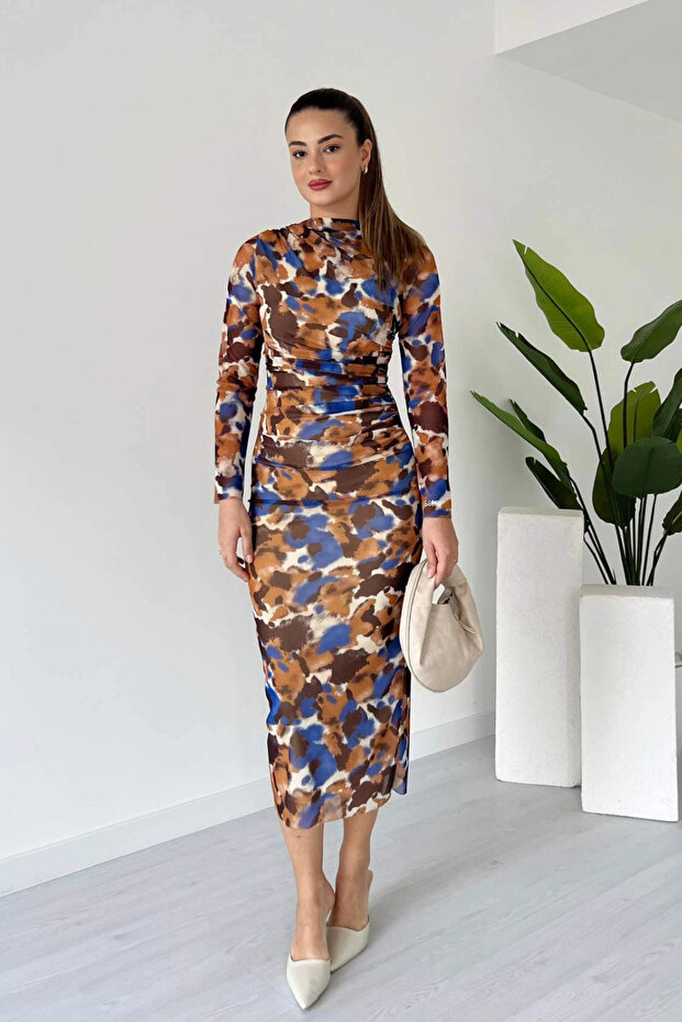 Drapeli Desenli Midi Tül Elbise - 3