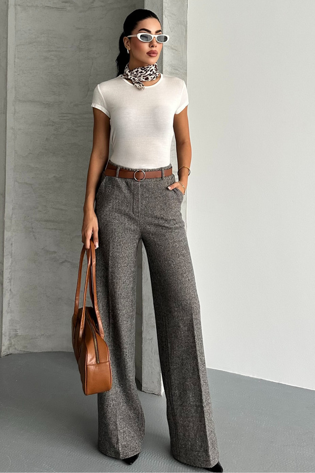 Női mintás, bő szárú, zsebes, öves palazzo nadrág - 4