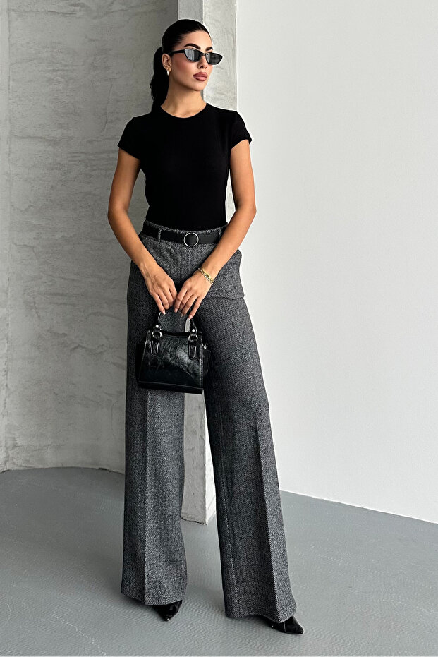 بنطلون نسائي واسع الساق منقوش بحزام وجيوب - 6