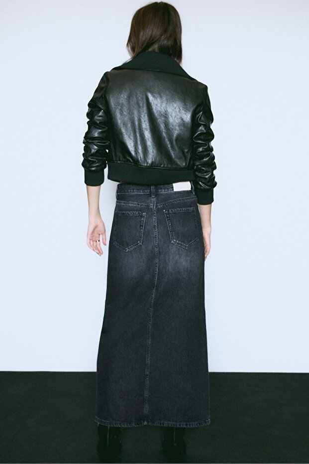 Dökümlü denim midi etek - 4