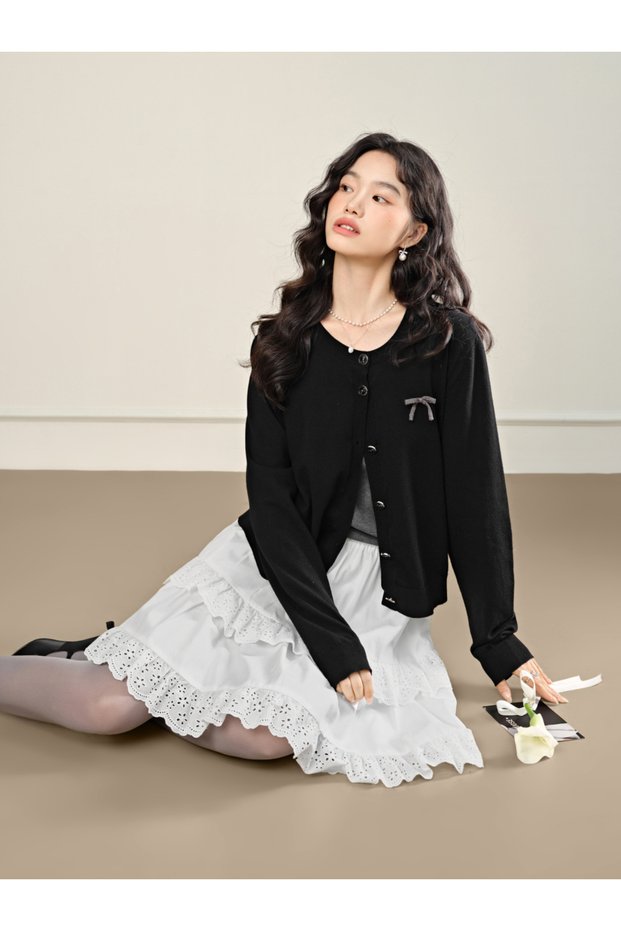 Women's Basic Classic Buttoned Cardigan with Bow Detail