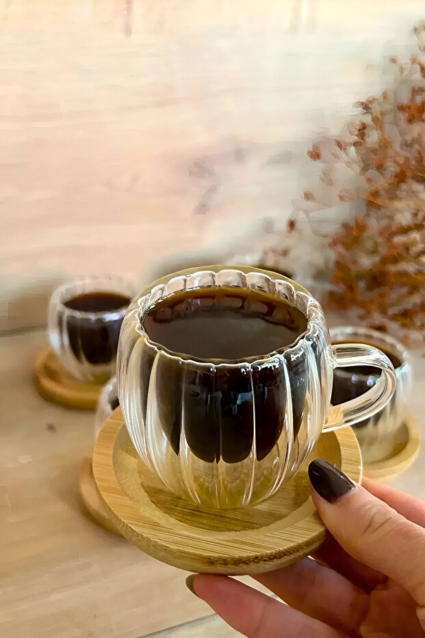 2’li Bambu Tabanlı Çift Cidarlı Cam Kahve Fincanı Takımı – 80 ml Şık ve Dayanıklı Bardak Seti - 3