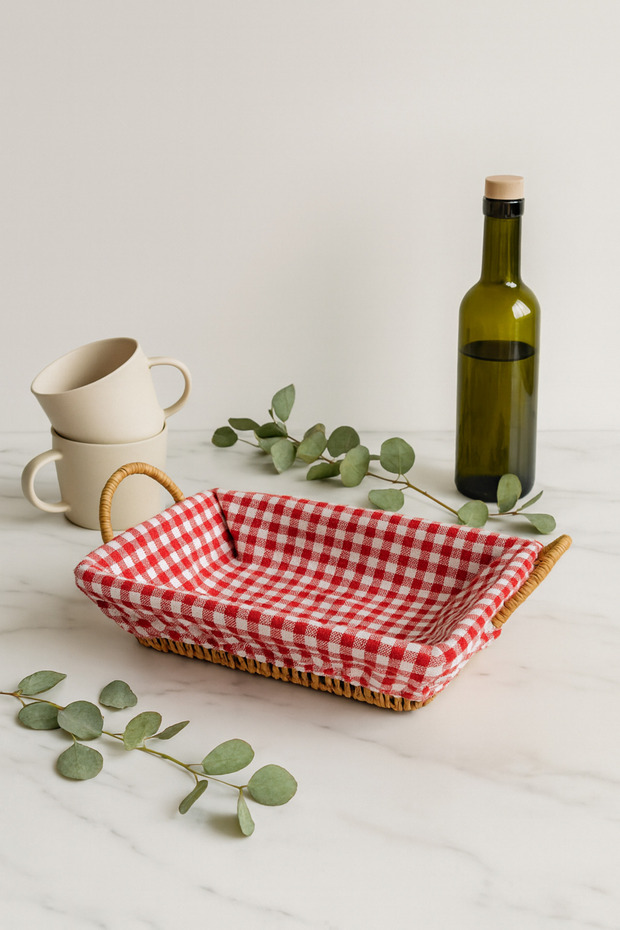 Wicker Bread Basket – Rectangular Decorative Breakfast Basket with Red and White Checkered Fabric - 4