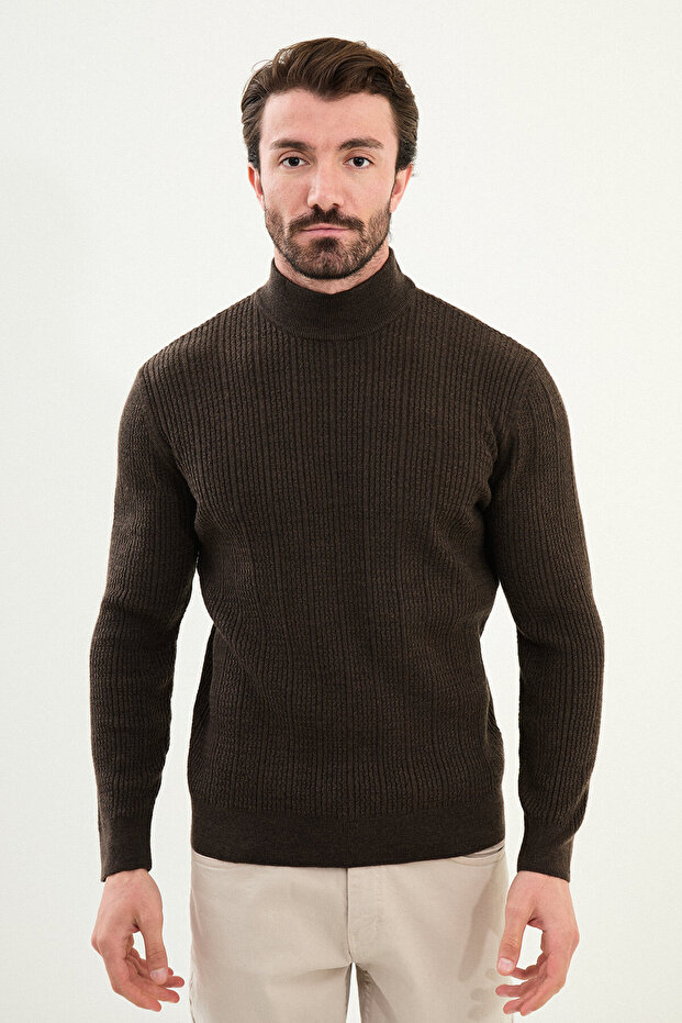 Striped Slim Fit Half Turtleneck Wool Men's Knitwear Sweater Coffee - 11563.25K