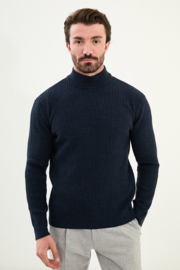 Striped Slim Fit Half Turtleneck Wool Men's Knitwear Sweater Navy Blue - 11563.25K