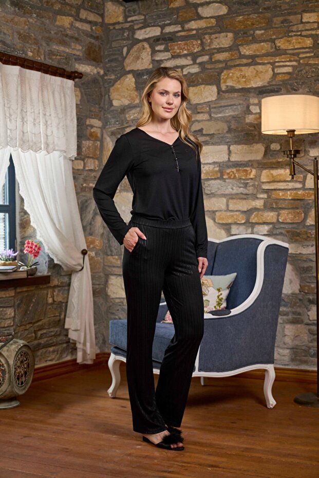 Long Sleeve Button Detail Pajama Set Cossybyaqua 26275-44