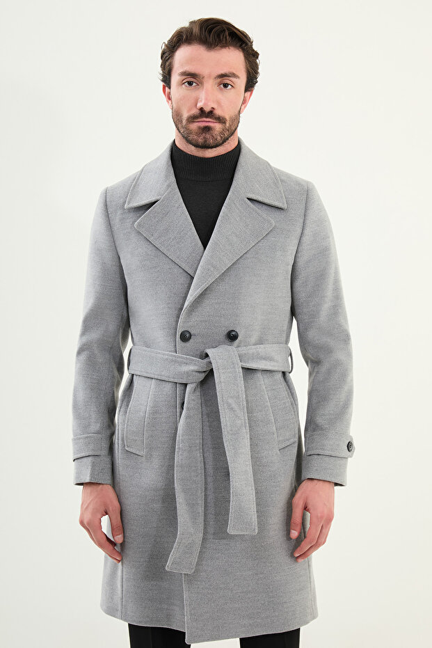 Straight Slim Fit Wide Collar Belted Double Breasted Cashmere Long Men's Coat Gray - 21303.24K
