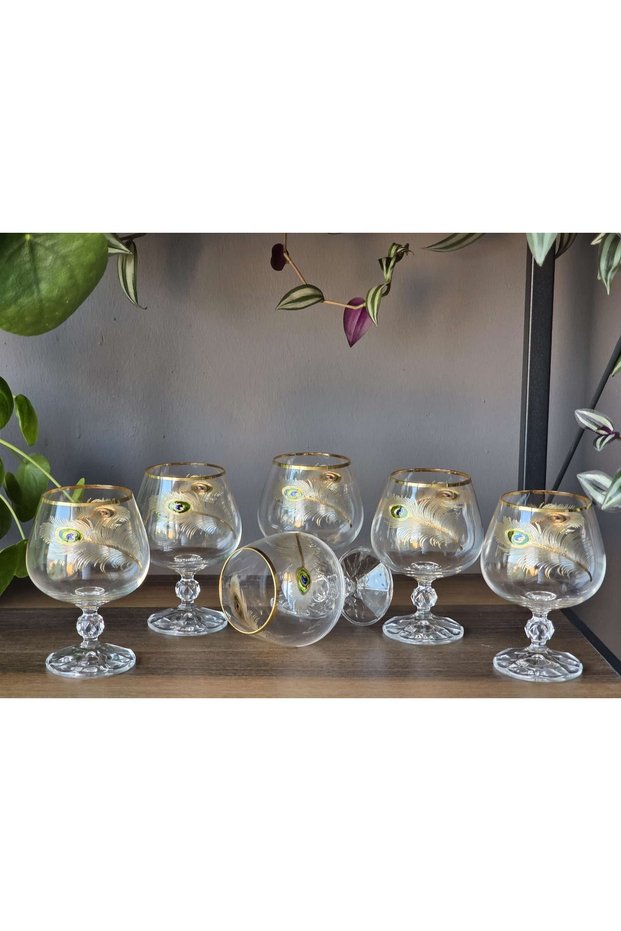 Set of 6 24K Handcrafted - Real Gold Embellished 250 Cc Coffee Side Crystal Glass Peacock Gold