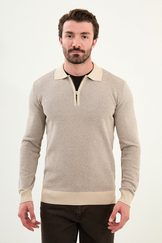 Textured Slim Fit Zippered Polo Neck Men's Knitwear Sweater Beige - 11567.25K