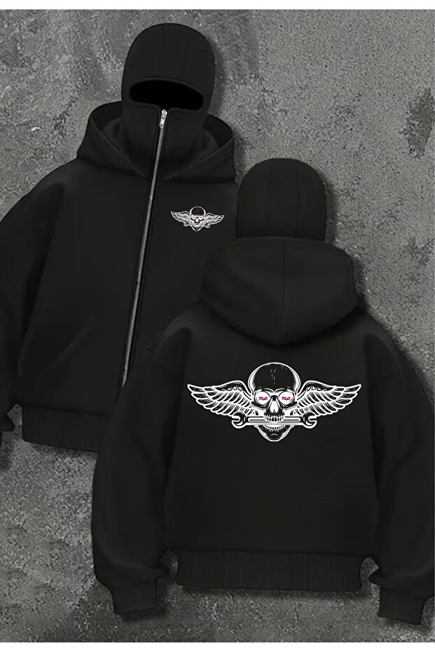 Motorcycle Mask Detailed Oversize Zippered Black Unisex Hooded Cardigan