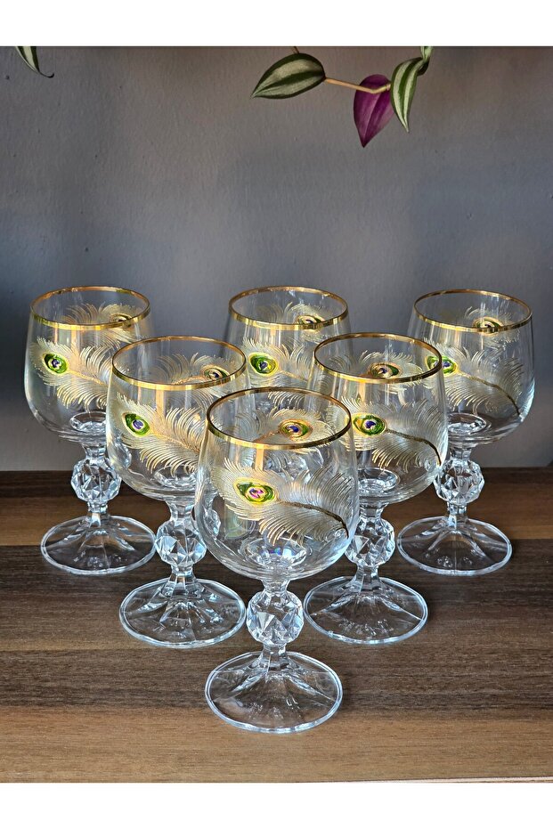 Set of 6 24K Handcrafted - Real Gold Embellished 150 Cc Coffee Side Crystal Glass Peacock Gold