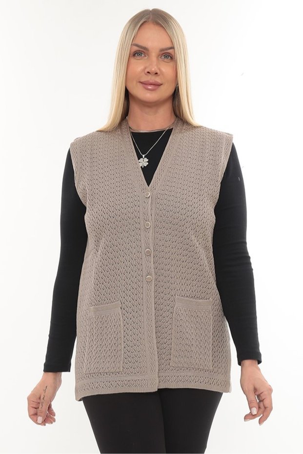 Women's Mercerized Pocketed Buttoned Rolax Knitwear Seasonal Mother's Vest