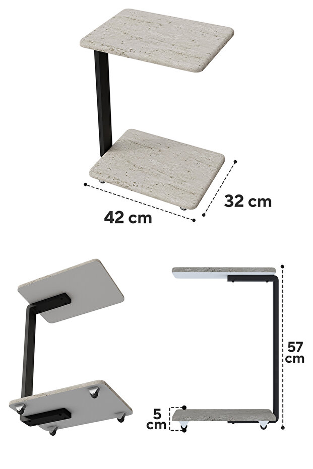 Tekerlekli Yan Sehpa – Assem C Sehpa, Ceviz Desenli MDF - Kahve ve Çalışma Sunum Sehpası - 6