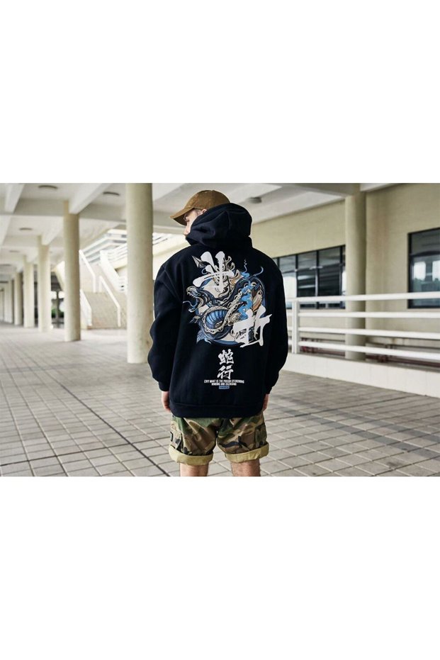 Men's Black Winter Hooded Sweatshirt Back Printed Snake