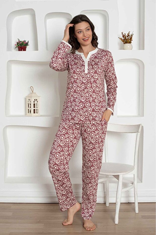 ADA TEKS Gül Kurusu Çiçek Desenli Uzun Kollu Penye Pijama Takımı - 1