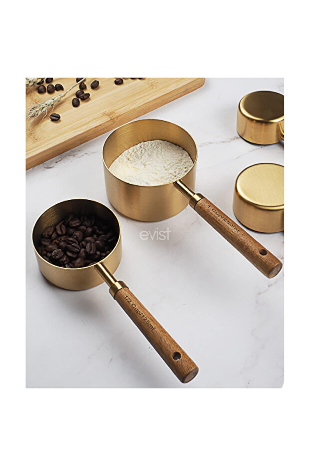 (4 Pack) (Gold Metal) Measuring Spoon Set (Authentic Wooden Handle)
