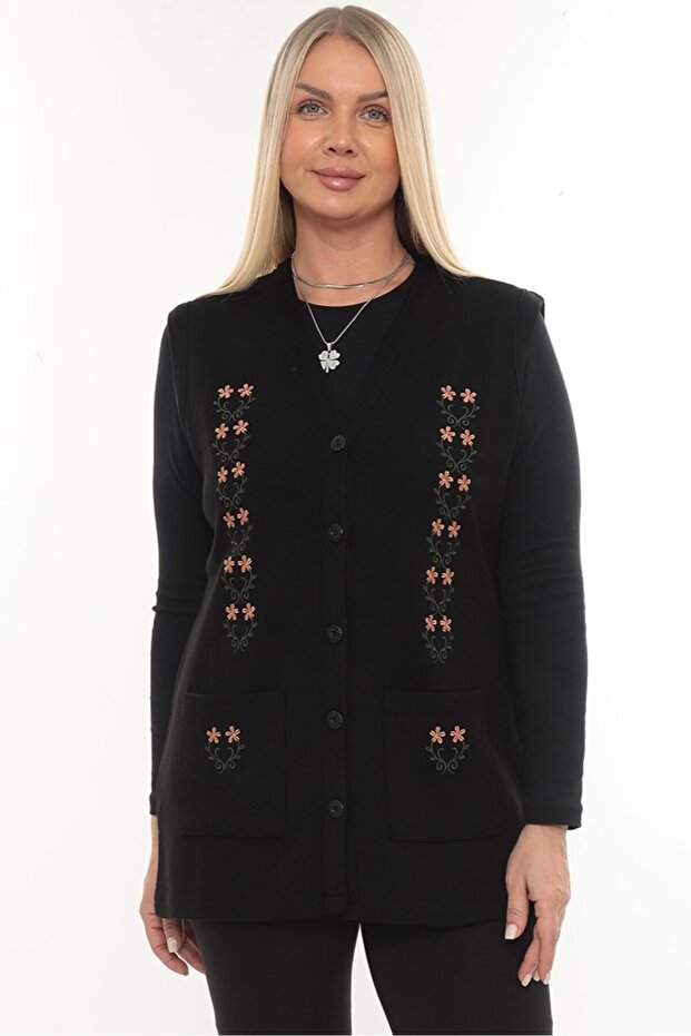 Daisy Embroidered Winter Thick Steel Knit Buttoned Pocketed Knitwear Mother's Vest
