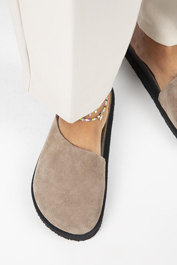 Ateshi Women's Leather Genuine Leather Flat Clog Taupe Slipper