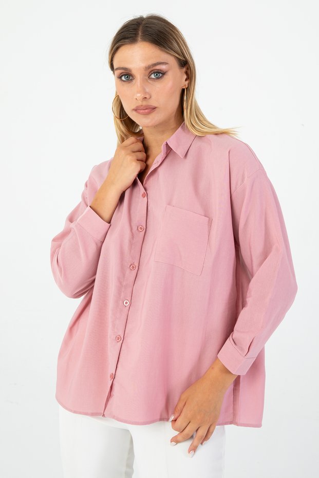 Women's Dusty Rose Oxford Textured Fabric Relaxed Fit Pocket Shirt Poplin- Stylish and Practical