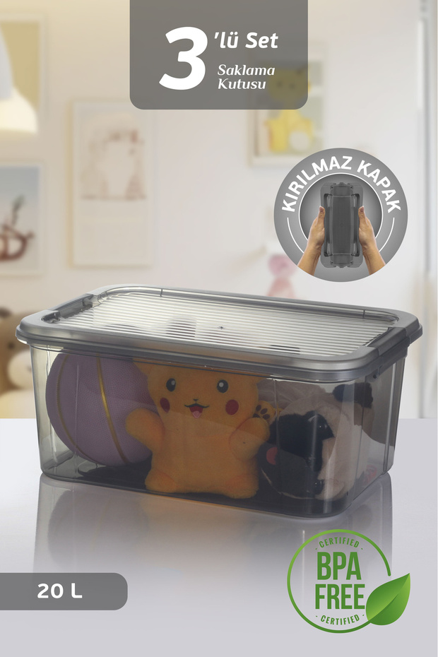 3-Pack 20L Multibox Storage Container with Locking Lid Multi-Purpose Organizer Pantry Storage Storage Box - 1