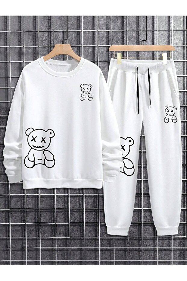 Unisex Daily 3 Thread Comfortable Teddy Bear Printed Winter Thick Bottom Top Tracksuit Set