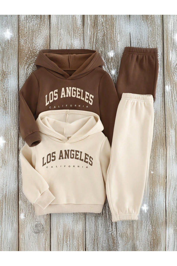 Daily 3 Thread Comfortable Los Angeles Printed Winter Thick 2-Piece Bottom and Top Tracksuit Set (4 Pieces)