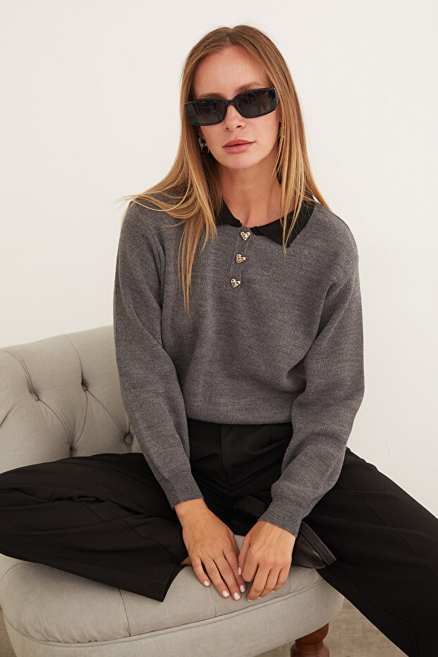 Basic Polo Neck Half Button Knit Sweater - 1