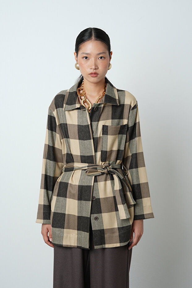 Women's Plaid Patterned Single Pocket Belted Hijab Shirt-Jacket